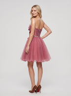 Pink Tulle A-Line Sweetheart Criss-Cross Straps Short Dress with 3D Flowers - Curvevia