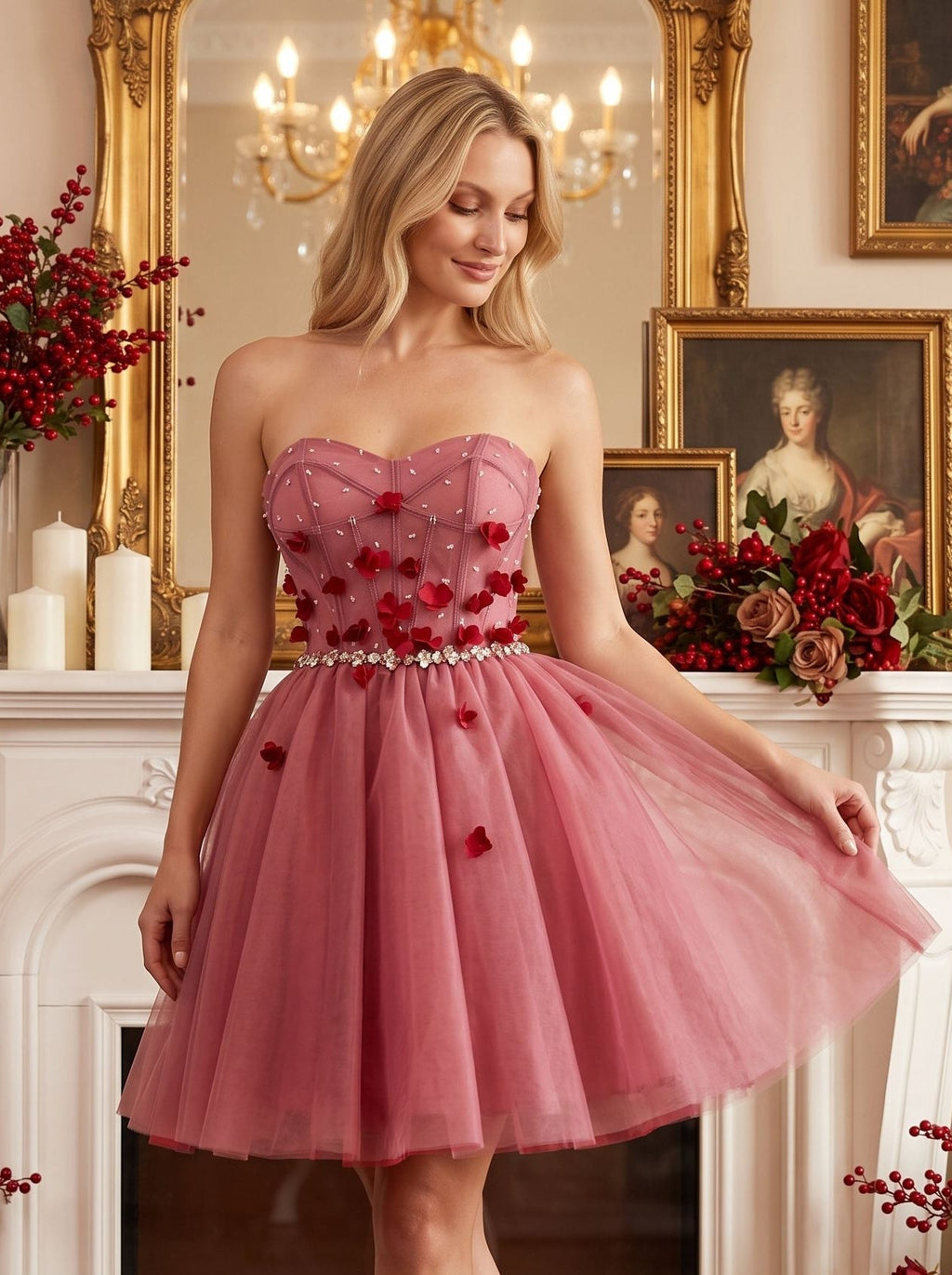 Pink Tulle A-Line Sweetheart Criss-Cross Straps Short Dress with 3D Flowers - Curvevia