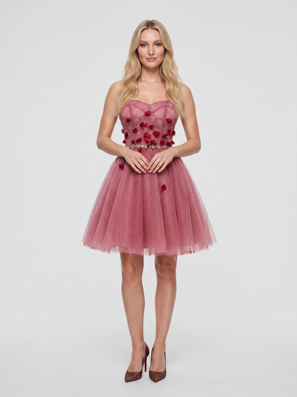 Pink Tulle A-Line Sweetheart Criss-Cross Straps Short Dress with 3D Flowers - Curvevia