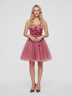 Pink Tulle A-Line Sweetheart Criss-Cross Straps Short Dress with 3D Flowers - Curvevia