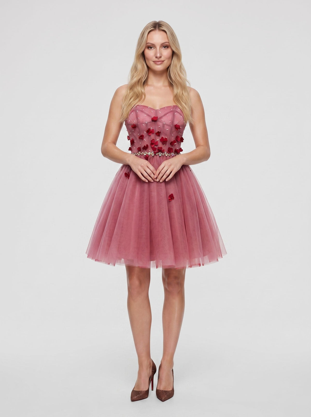 Pink Tulle A-Line Sweetheart Criss-Cross Straps Short Dress with 3D Flowers - Curvevia