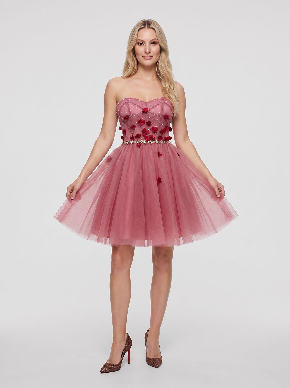 Pink Tulle A-Line Sweetheart Criss-Cross Straps Short Dress with 3D Flowers - Curvevia