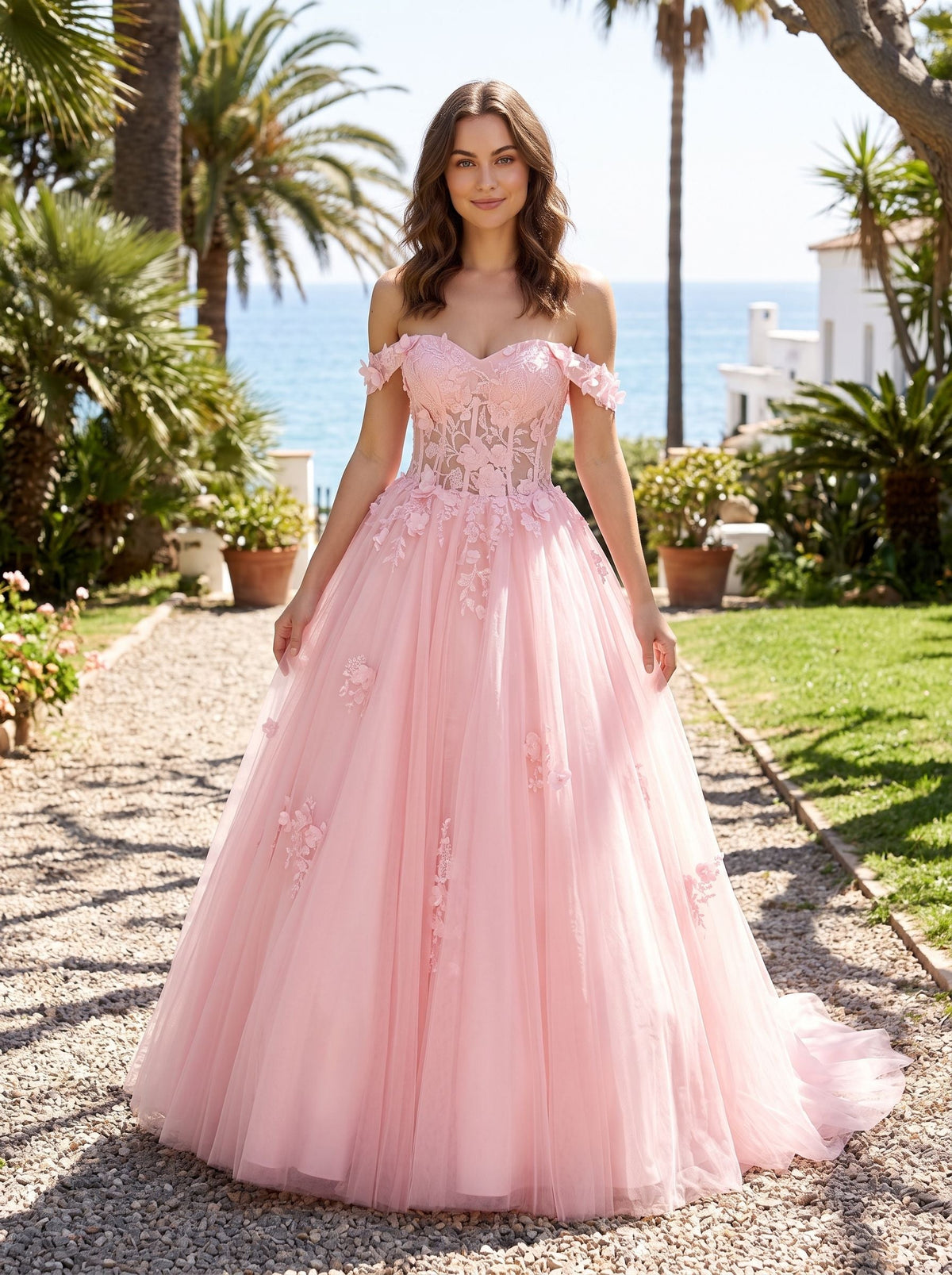 Blushing Pink Tulle & Lace A-Line Off-the-Shoulder Lace-up Floor-Length Dress with Lace Appliques - Curvevia