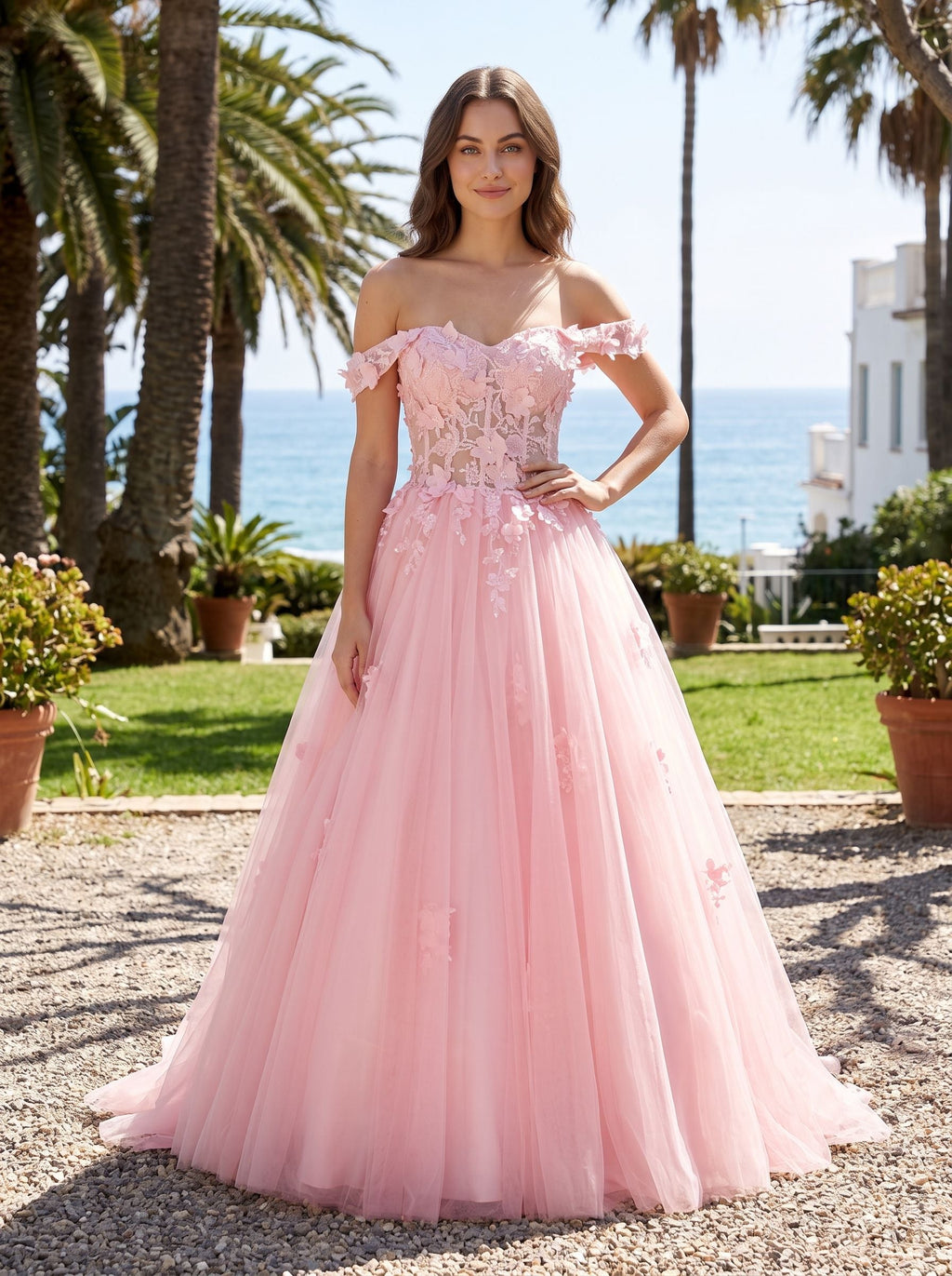 Blushing Pink Tulle & Lace A-Line Off-the-Shoulder Lace-up Floor-Length Dress with Lace Appliques - Curvevia