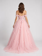 Blushing Pink Tulle & Lace A-Line Off-the-Shoulder Lace-up Floor-Length Dress with Lace Appliques - Curvevia