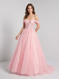 Blushing Pink Tulle & Lace A-Line Off-the-Shoulder Lace-up Floor-Length Dress with Lace Appliques - Curvevia
