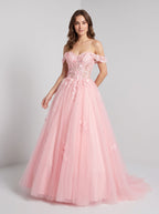 Blushing Pink Tulle & Lace A-Line Off-the-Shoulder Lace-up Floor-Length Dress with Lace Appliques - Curvevia