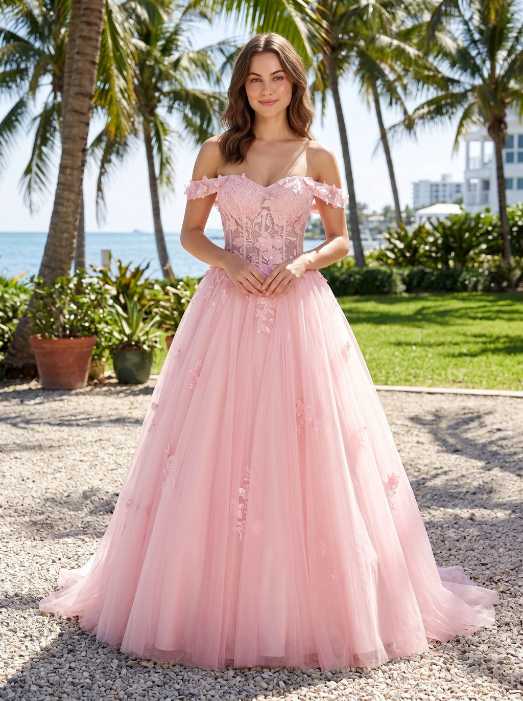 Blushing Pink Tulle & Lace A-Line Off-the-Shoulder Lace-up Floor-Length Dress with Lace Appliques - Curvevia