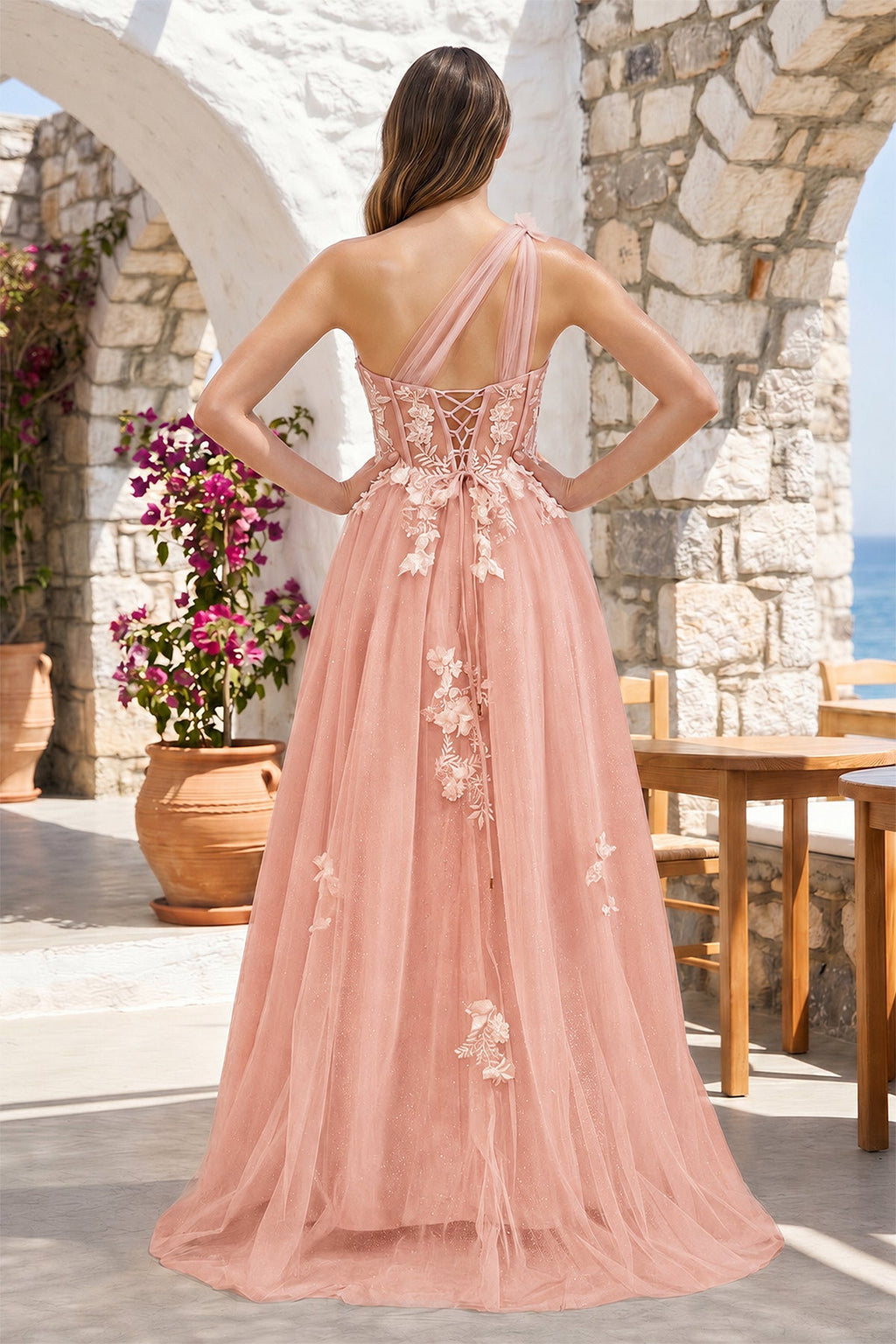 A Line One Shoulder Black Long Prom Dress with Appliques - Curvevia