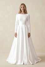 Vintage Satin A-Line Bateau Neckline Long Sleeves Bridal Gown Wedding Dresses - Curvevia