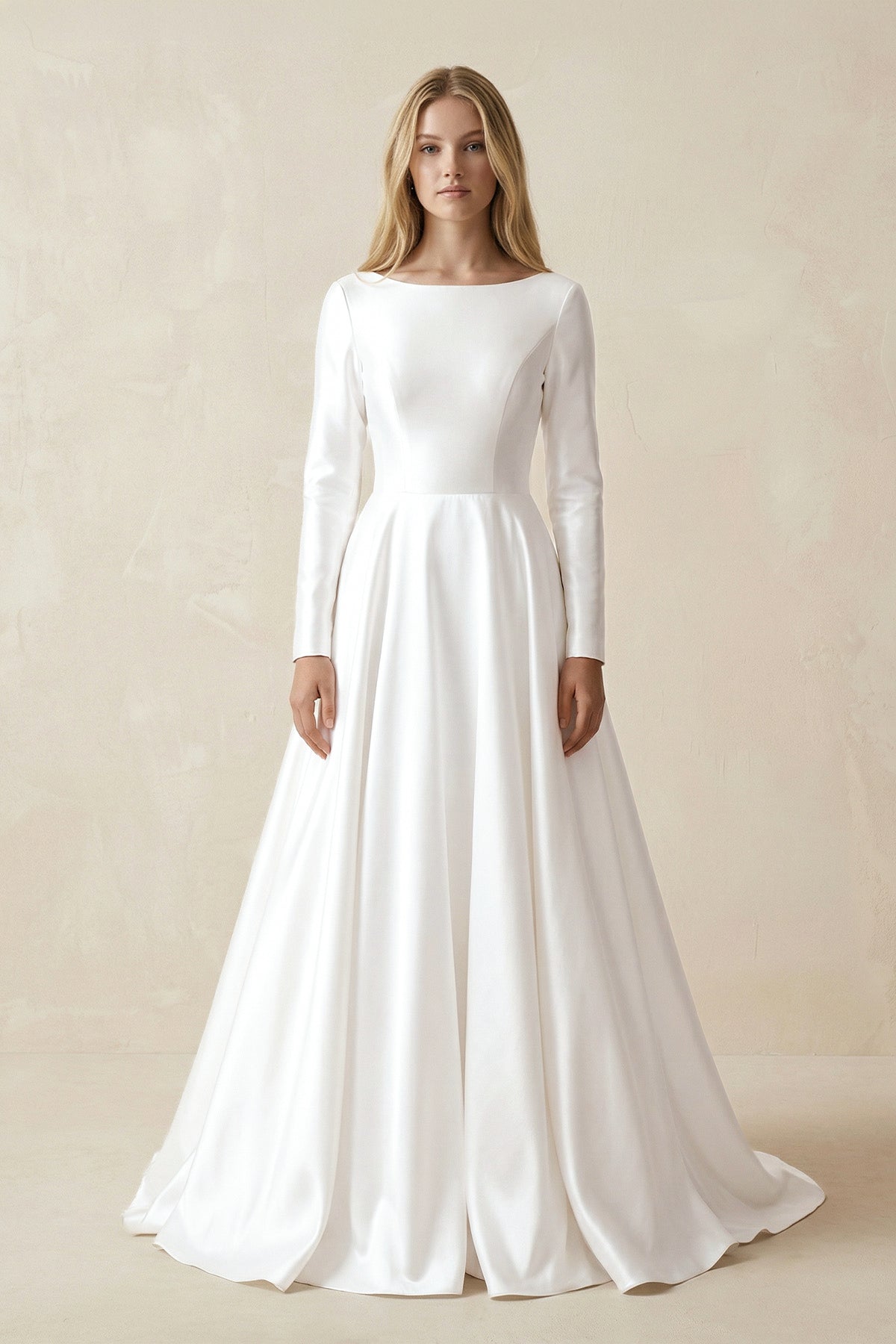 Vintage Satin A-Line Bateau Neckline Long Sleeves Bridal Gown Wedding Dresses - Curvevia
