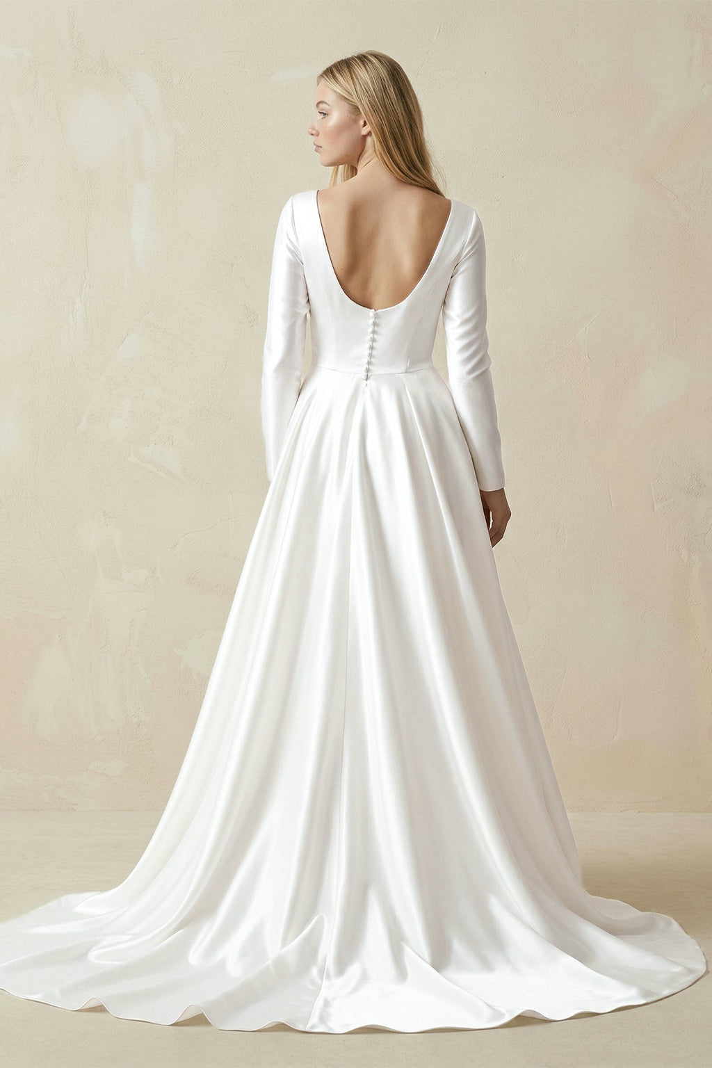 Vintage Satin A-Line Bateau Neckline Long Sleeves Bridal Gown Wedding Dresses - Curvevia