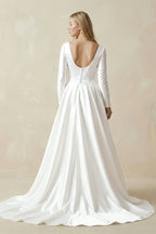Vintage Satin A-Line Bateau Neckline Long Sleeves Bridal Gown Wedding Dresses - Curvevia
