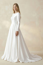 Vintage Satin A-Line Bateau Neckline Long Sleeves Bridal Gown Wedding Dresses - Curvevia