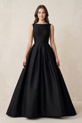 Boat Neck Satin A-Line Open Back Wedding Dress in Black - Curvevia