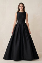 Boat Neck Satin A-Line Open Back Wedding Dress in Black - Curvevia