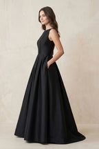 Boat Neck Satin A-Line Open Back Wedding Dress in Black - Curvevia