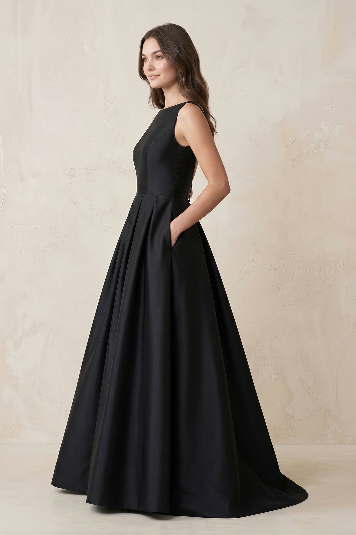 Boat Neck Satin A-Line Open Back Wedding Dress in Black - Curvevia