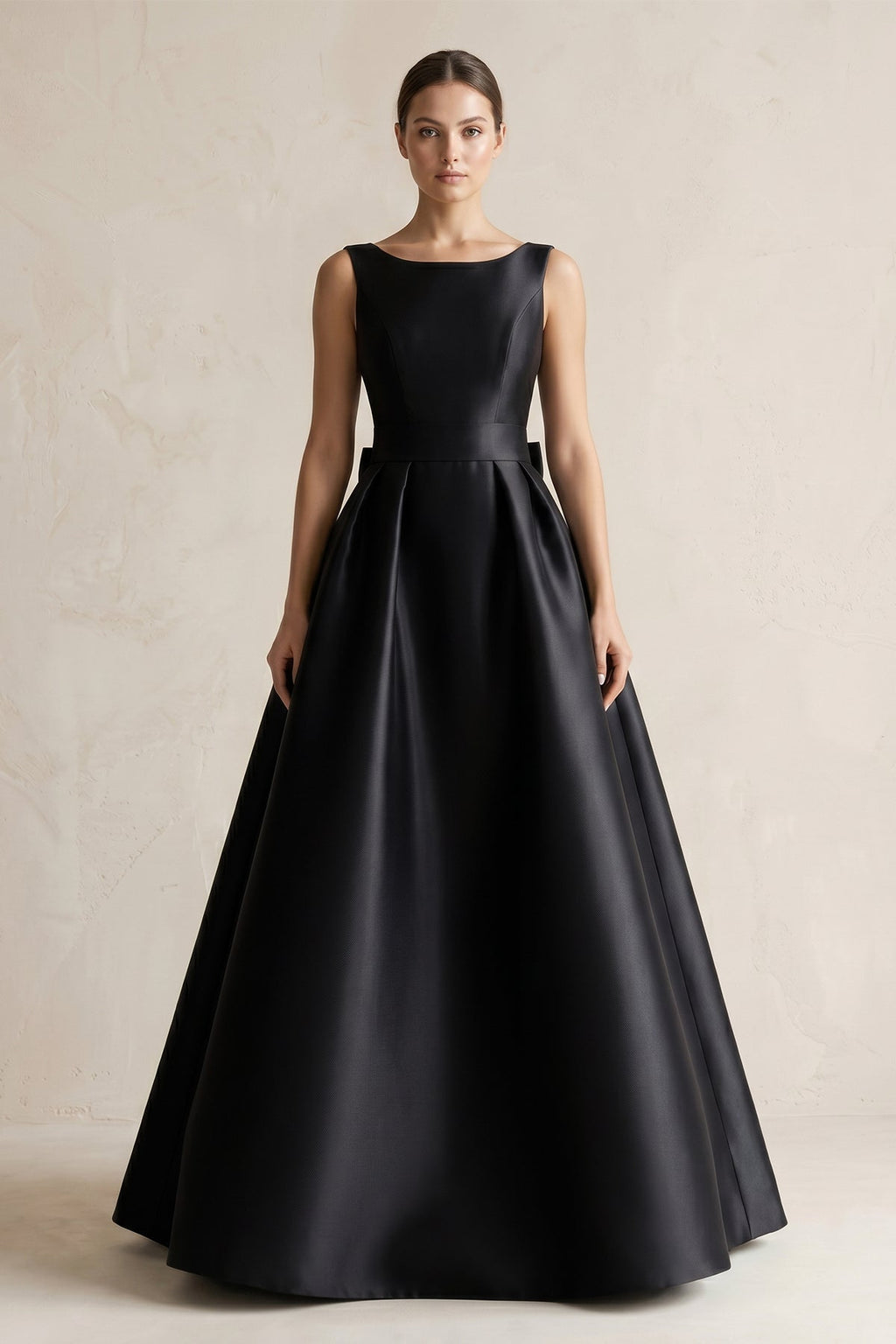 Boat Neck Satin A-Line Wedding Dress with Bow in Black - Curvevia
