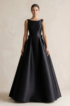 Boat Neck Satin A-Line Wedding Dress with Bow in Black - Curvevia
