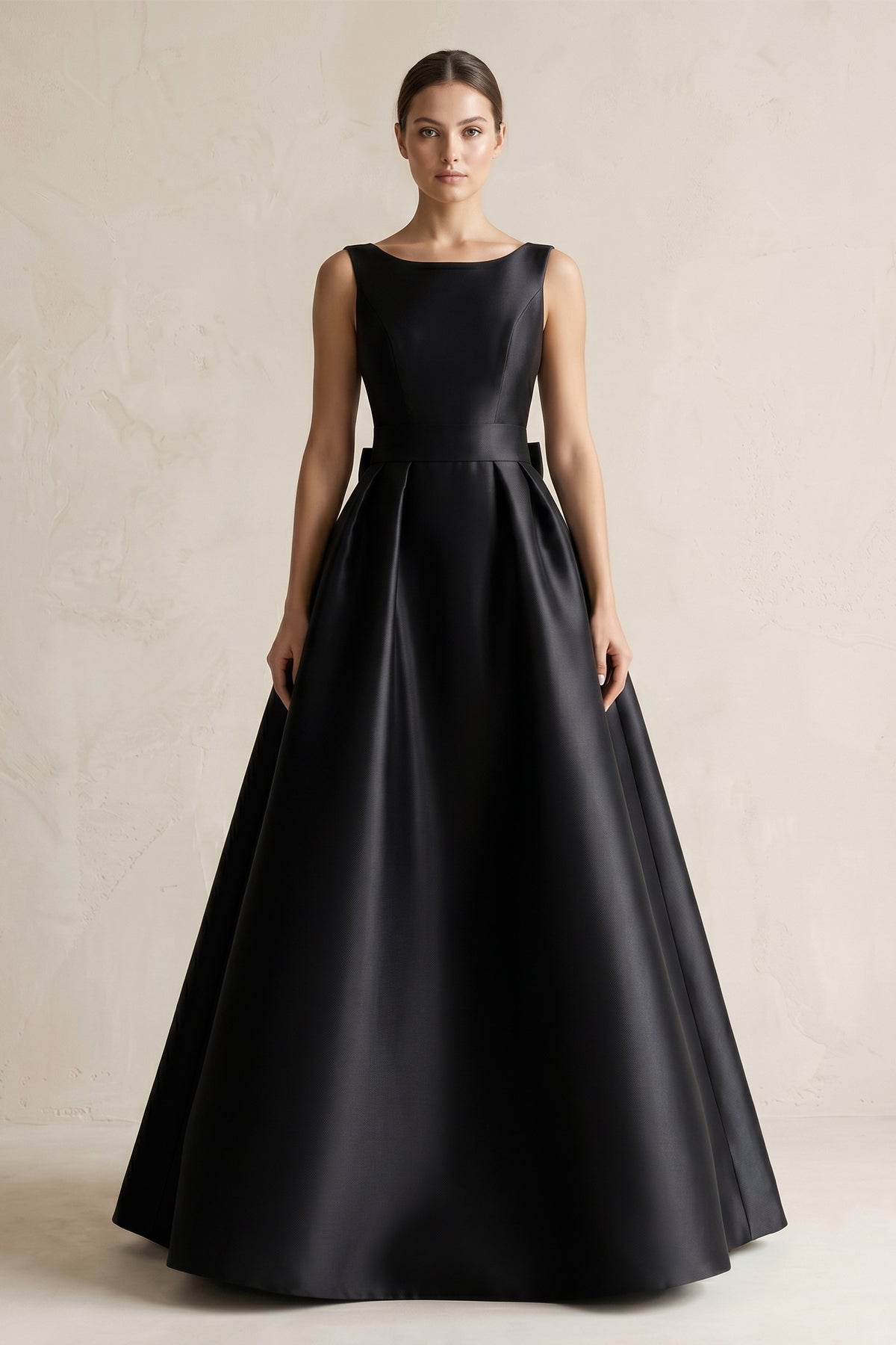 Boat Neck Satin A-Line Wedding Dress with Bow in Black - Curvevia