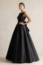 Boat Neck Satin A-Line Wedding Dress with Bow in Black - Curvevia
