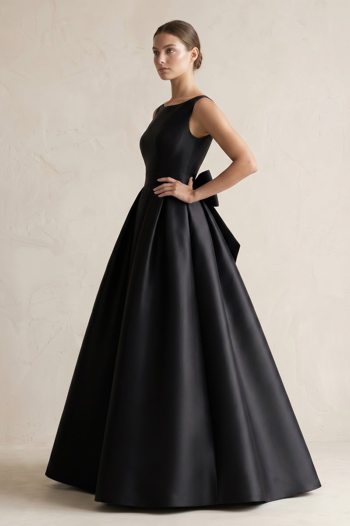 Boat Neck Satin A-Line Wedding Dress with Bow in Black - Curvevia