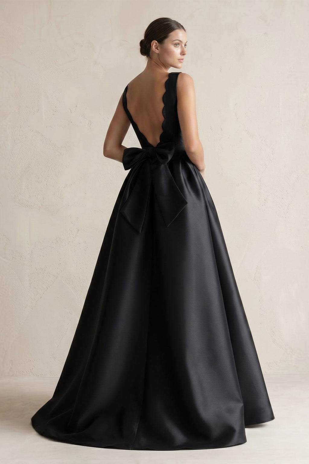 Boat Neck Satin A-Line Wedding Dress with Bow in Black - Curvevia