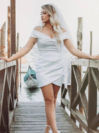 Sheath Off-the Shoulder Satin Simple Wedding Dress Sleeveless Short Hemline - Curvevia