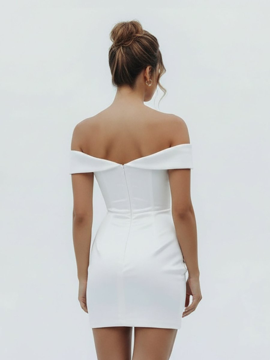 Sheath Off-the Shoulder Satin Simple Wedding Dress Sleeveless Short Hemline - Curvevia