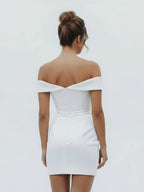 Sheath Off-the Shoulder Satin Simple Wedding Dress Sleeveless Short Hemline - Curvevia