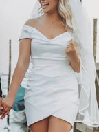 Sheath Off-the Shoulder Satin Simple Wedding Dress Sleeveless Short Hemline - Curvevia