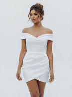 Sheath Off-the Shoulder Satin Simple Wedding Dress Sleeveless Short Hemline - Curvevia