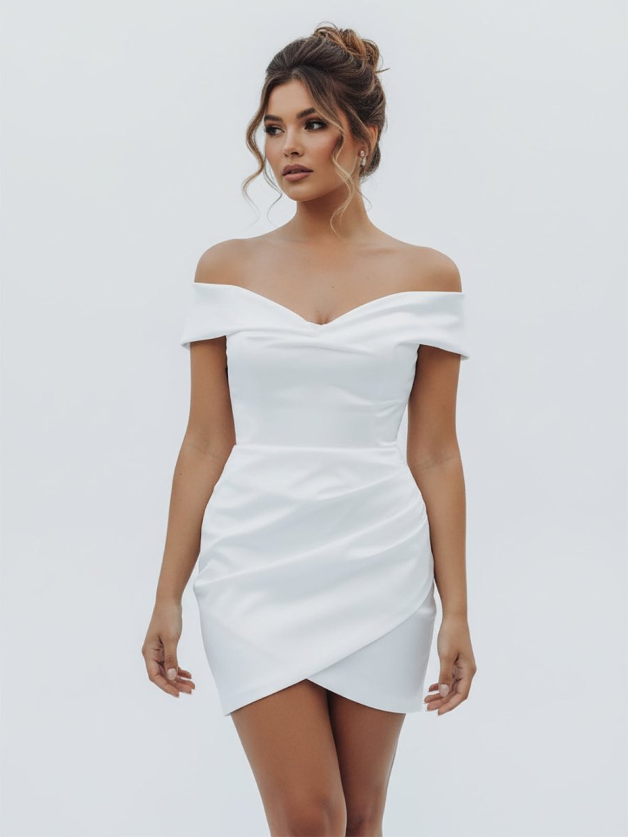 Sheath Off-the Shoulder Satin Simple Wedding Dress Sleeveless Short Hemline - Curvevia