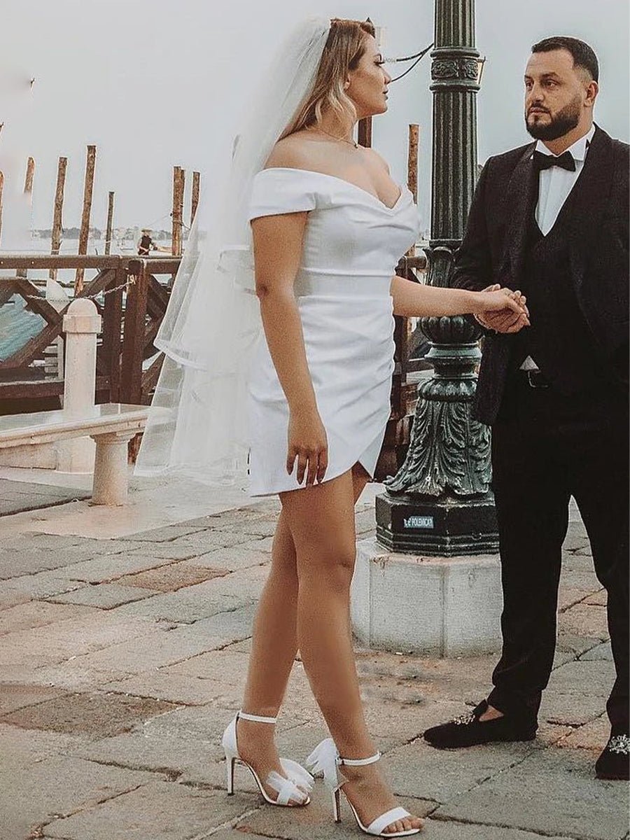 Sheath Off-the Shoulder Satin Simple Wedding Dress Sleeveless Short Hemline - Curvevia