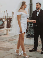 Sheath Off-the Shoulder Satin Simple Wedding Dress Sleeveless Short Hemline - Curvevia