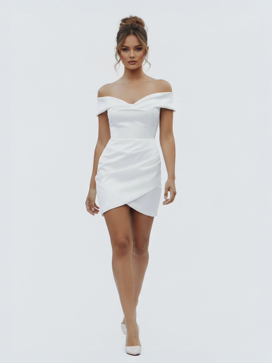 Sheath Off-the Shoulder Satin Simple Wedding Dress Sleeveless Short Hemline - Curvevia