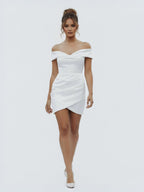 Sheath Off-the Shoulder Satin Simple Wedding Dress Sleeveless Short Hemline - Curvevia