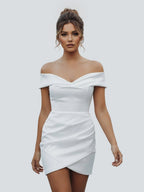 Sheath Off-the Shoulder Satin Simple Wedding Dress Sleeveless Short Hemline - Curvevia
