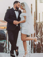 Sheath Off-the Shoulder Satin Simple Wedding Dress Sleeveless Short Hemline - Curvevia