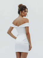 Sheath Off-the Shoulder Satin Simple Wedding Dress Sleeveless Short Hemline - Curvevia