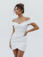 Sheath Off-the Shoulder Satin Simple Wedding Dress Sleeveless Short Hemline - Curvevia