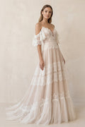 Bohemian Beach Champagne Spaghetti Straps Backless Wedding Dresses - Curvevia