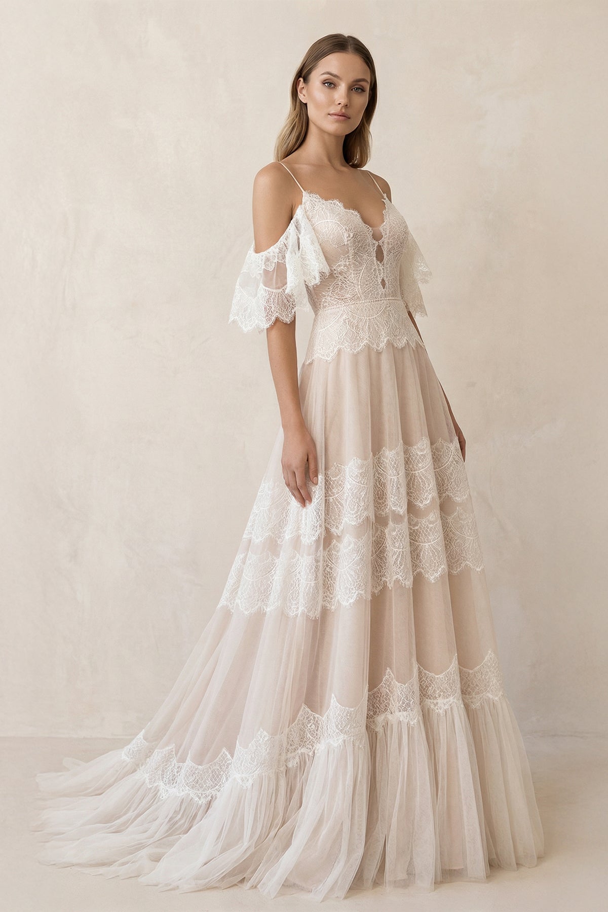 Bohemian Beach Champagne Spaghetti Straps Backless Wedding Dresses - Curvevia