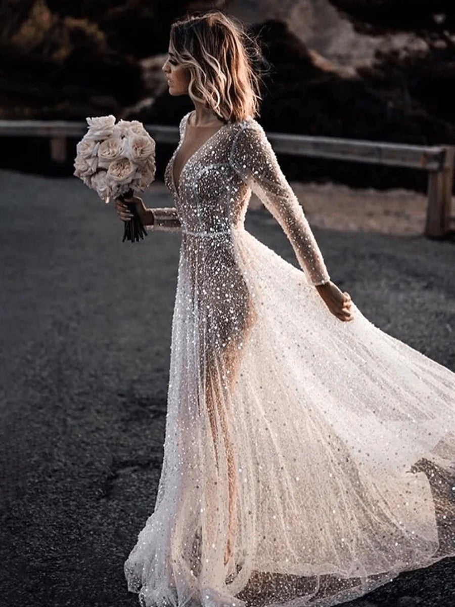 Bohemian A-Line Sparkly Sequined Luxury Wedding Dresses - Curvevia