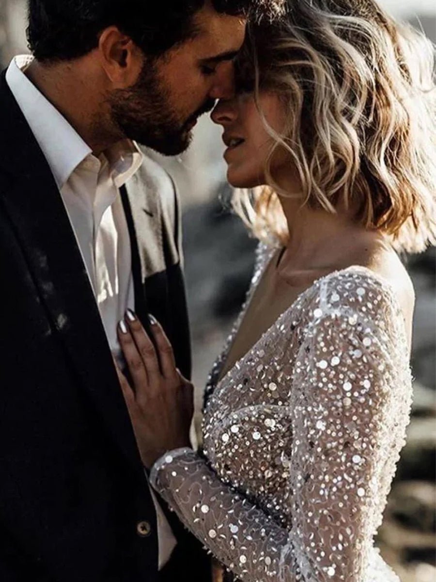 Bohemian A-Line Sparkly Sequined Luxury Wedding Dresses - Curvevia