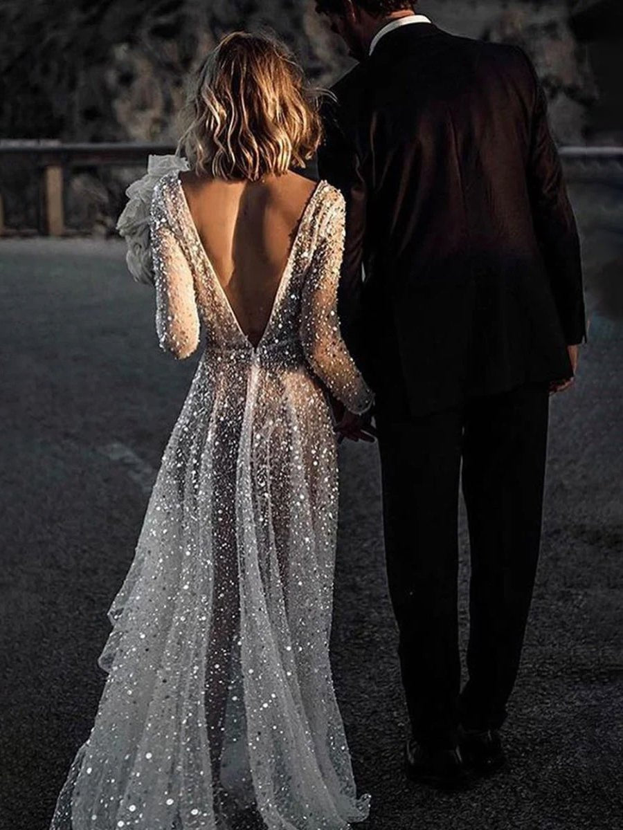 Bohemian A-Line Sparkly Sequined Luxury Wedding Dresses - Curvevia
