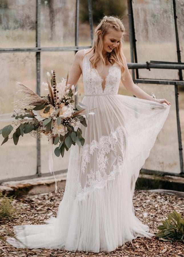 Bohemian Wedding Dresses V-Neck Backless Romantic Dreamy Bridal Gowns - Curvevia
