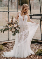 Bohemian Wedding Dresses V-Neck Backless Romantic Dreamy Bridal Gowns - Curvevia