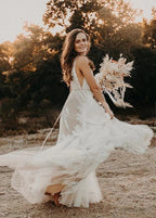 Bohemian Wedding Dresses V-Neck Backless Romantic Dreamy Bridal Gowns - Curvevia